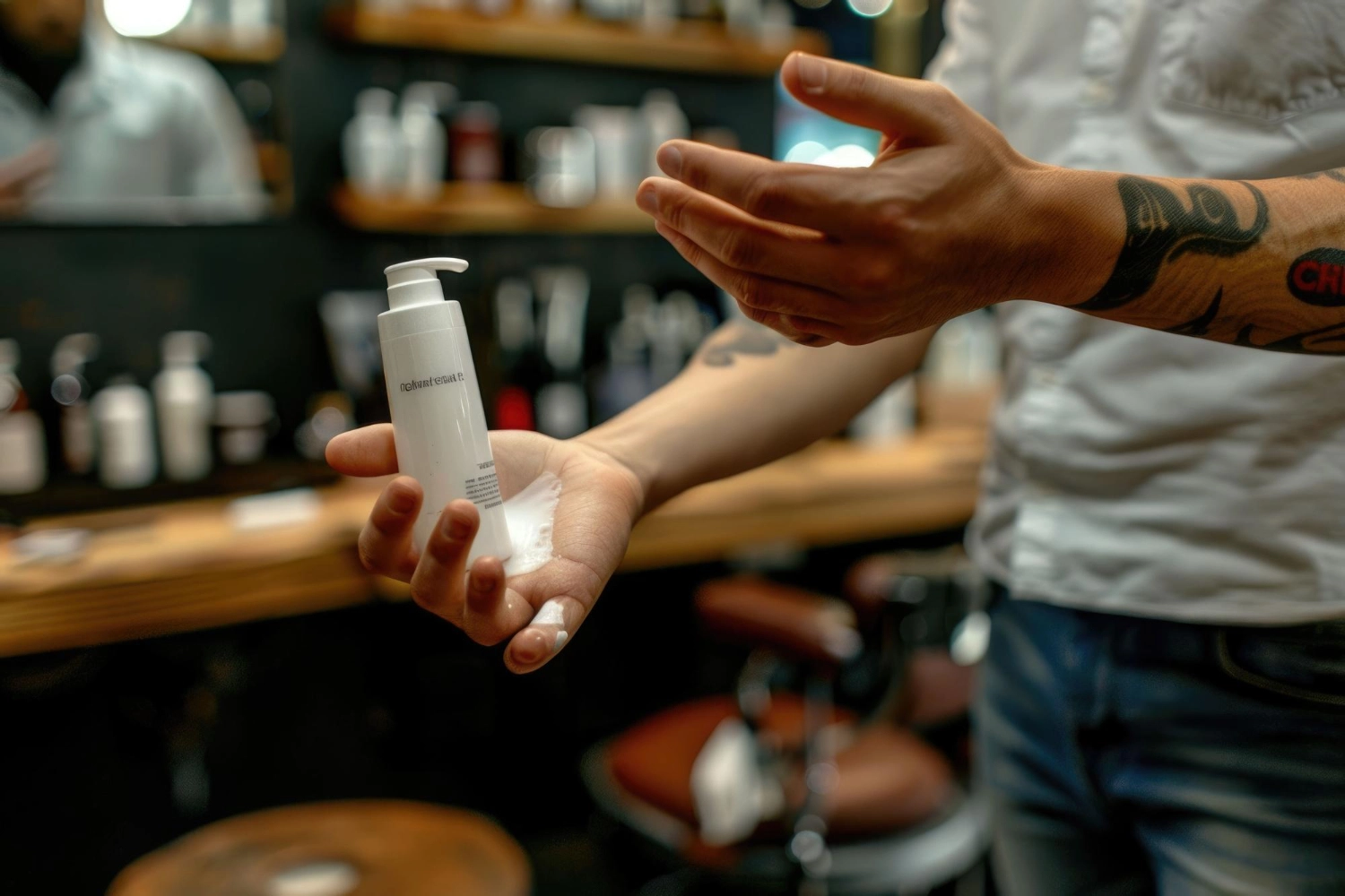 homme tenant un produit de soins cheveux